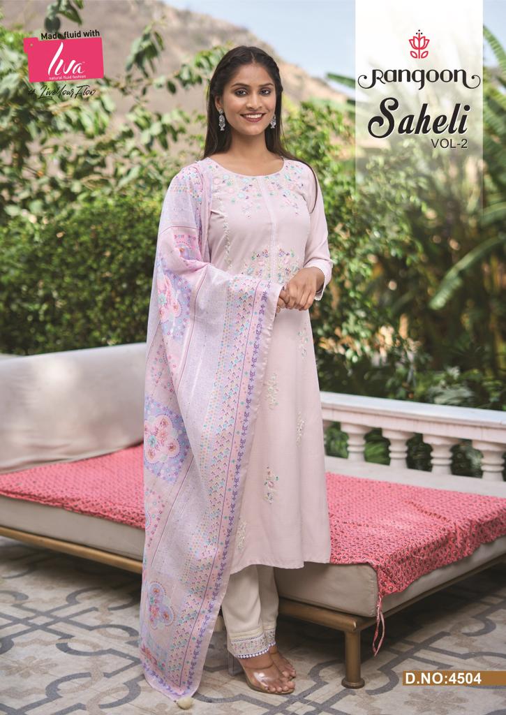 Saheli Vol 2 By Rangoon Nylon Viscose Embroidery Kurti With Bottom Dupatta Wholesalers In Delhi